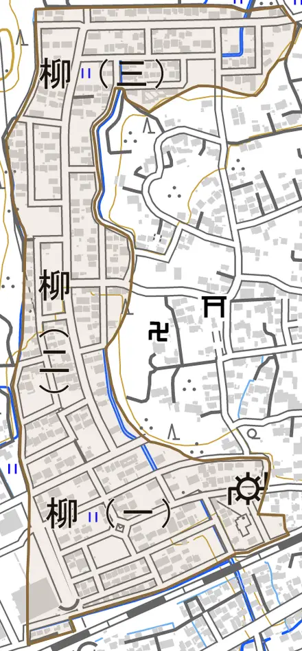 柳とその周辺の地図。町の範囲を重ねている