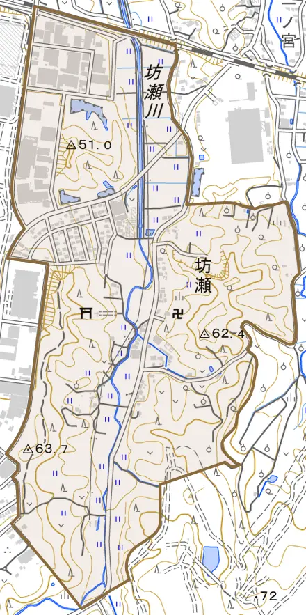 坊瀬とその周辺の地図。町の範囲を重ねている
