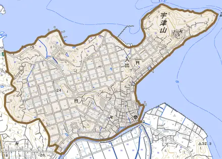 入出とその周辺の地図。町の範囲を重ねている