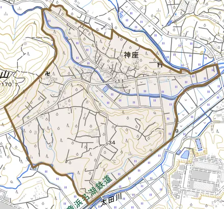 神座とその周辺の地図。町の範囲を重ねている