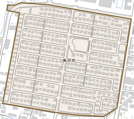 風の杜とその周辺の地図。町の範囲を重ねている