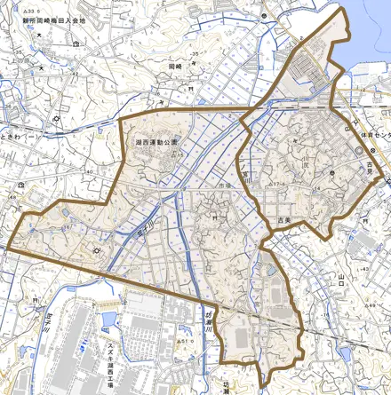 吉美とその周辺の地図。町の範囲を重ねている