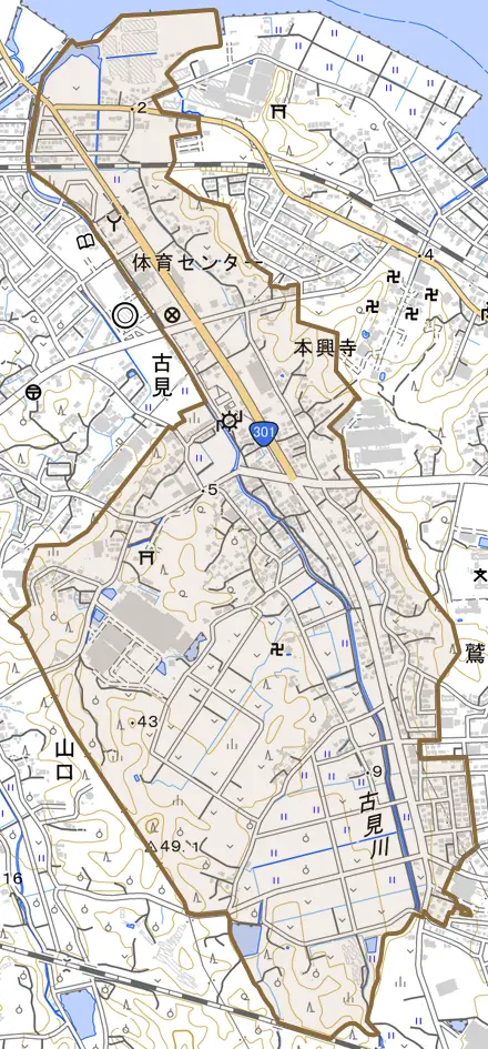 古見とその周辺の地図。町の範囲を重ねている