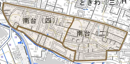 南台とその周辺の地図。町の範囲を重ねている