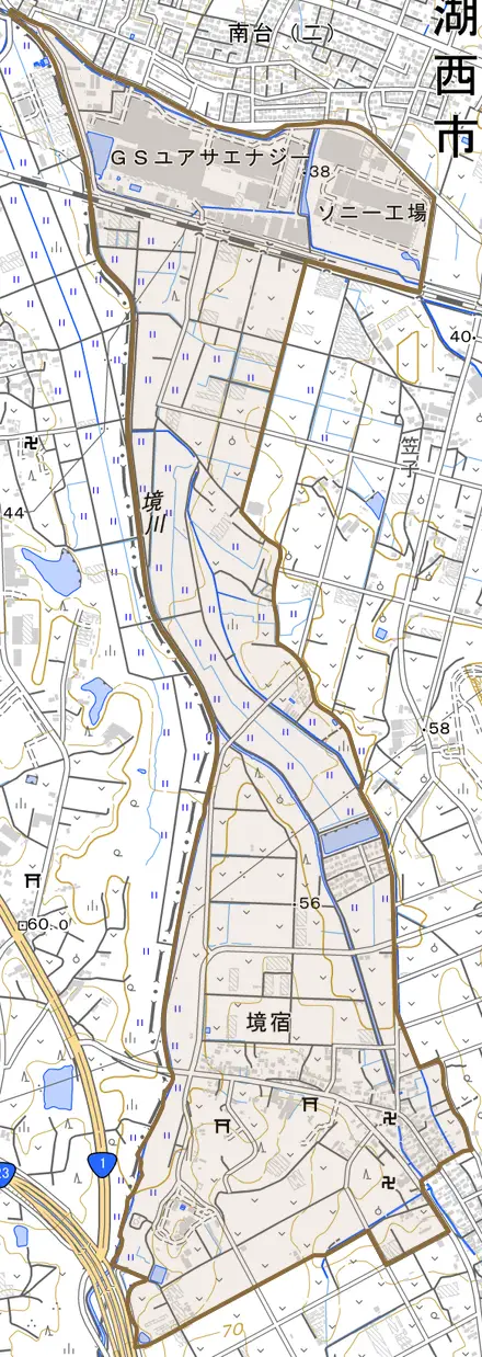 境宿とその周辺の地図。町の範囲を重ねている