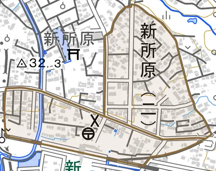 新所原とその周辺の地図。町の範囲を重ねている