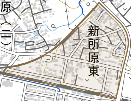 新所原東とその周辺の地図。町の範囲を重ねている