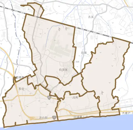 白須賀とその周辺の地図。町の範囲を重ねている