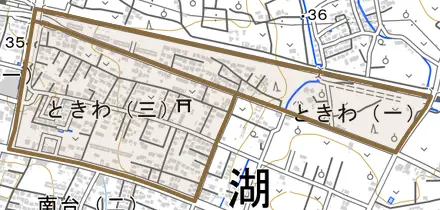 ときわとその周辺の地図。町の範囲を重ねている