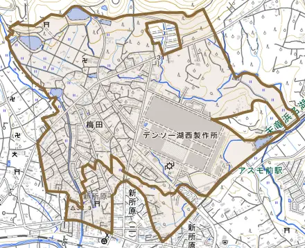 梅田とその周辺の地図。町の範囲を重ねている