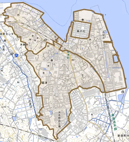 鷲津とその周辺の地図。町の範囲を重ねている