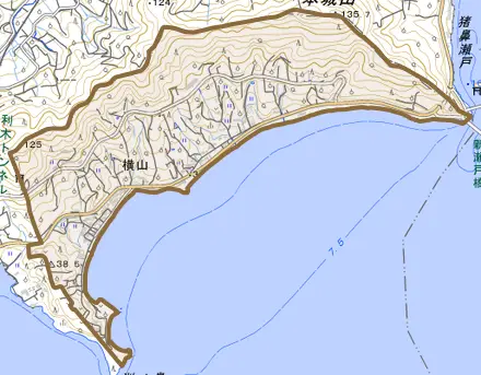 横山とその周辺の地図。町の範囲を重ねている