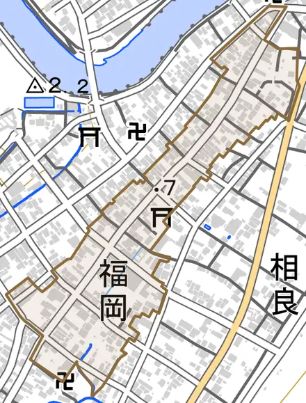 福岡とその周辺の地図。町の範囲を重ねている