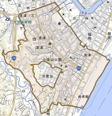 波津とその周辺の地図。町の範囲を重ねている