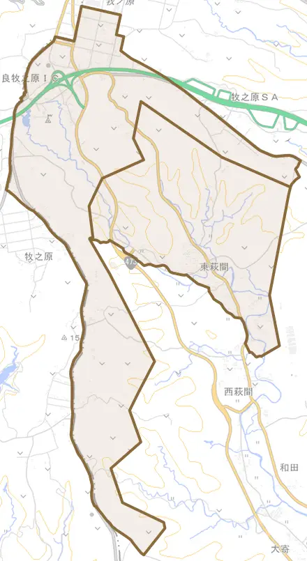 東萩間とその周辺の地図。町の範囲を重ねている