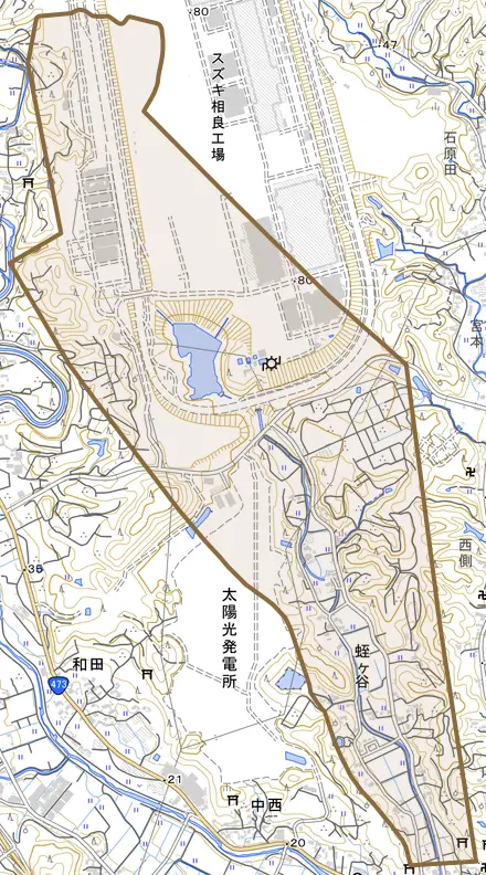 蛭ケ谷とその周辺の地図。町の範囲を重ねている