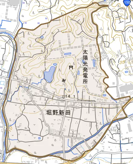 堀野新田とその周辺の地図。町の範囲を重ねている