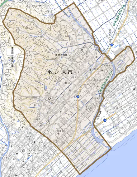 細江とその周辺の地図。町の範囲を重ねている