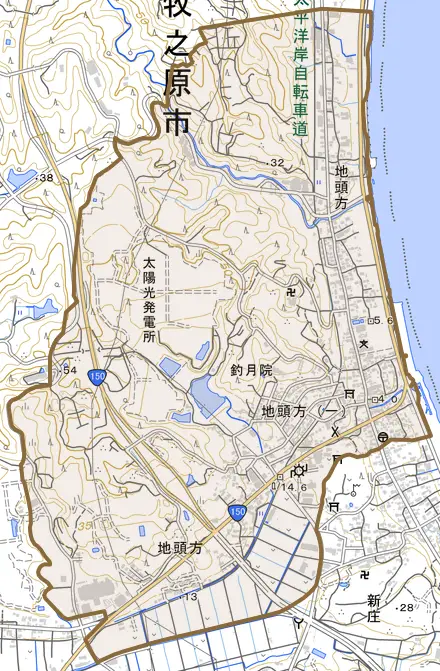 地頭方とその周辺の地図。町の範囲を重ねている