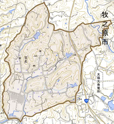 笠名とその周辺の地図。町の範囲を重ねている