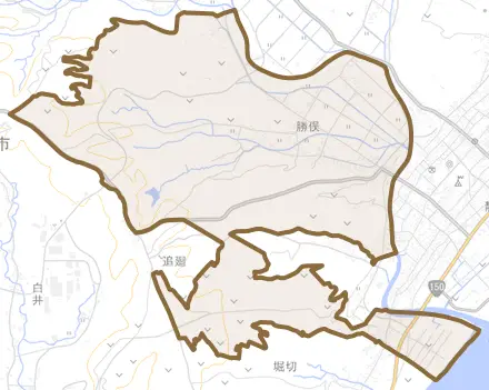勝俣とその周辺の地図。町の範囲を重ねている