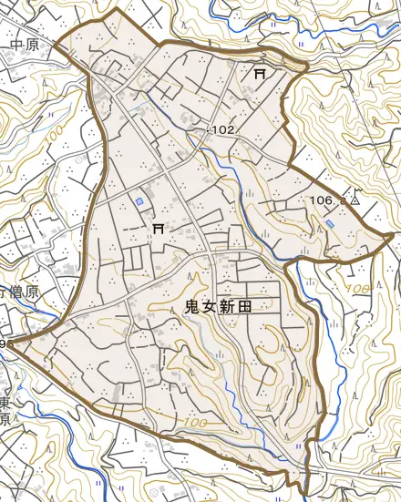 鬼女新田とその周辺の地図。町の範囲を重ねている