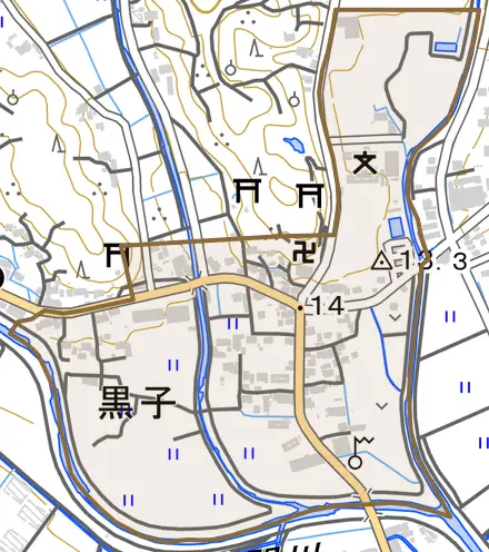 黒子とその周辺の地図。町の範囲を重ねている