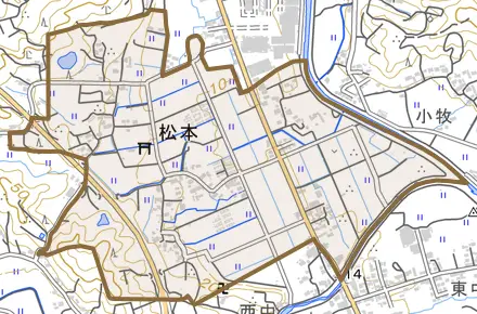 松本とその周辺の地図。町の範囲を重ねている