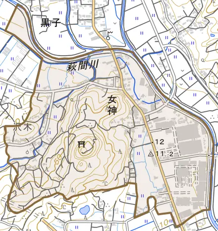 女神とその周辺の地図。町の範囲を重ねている