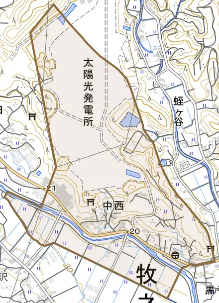 中西とその周辺の地図。町の範囲を重ねている