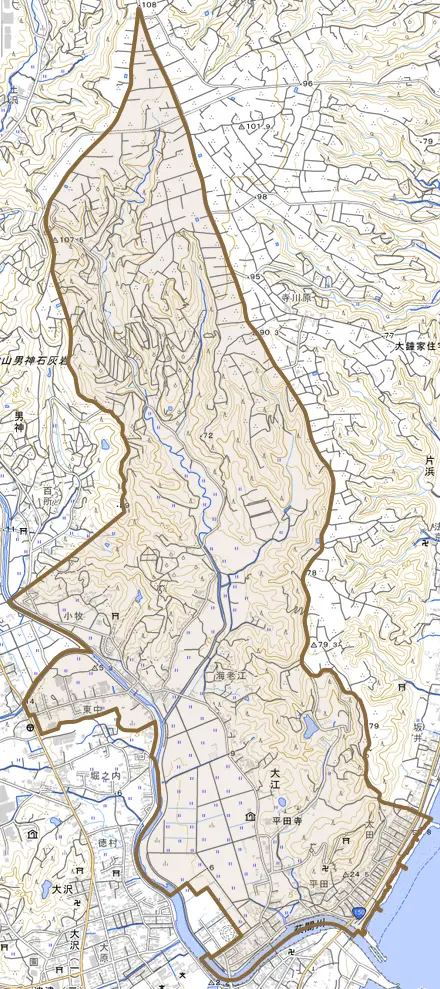 大江とその周辺の地図。町の範囲を重ねている