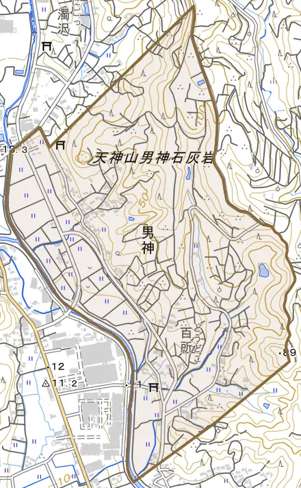男神とその周辺の地図。町の範囲を重ねている