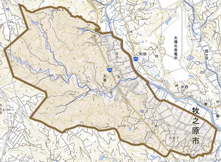 大寄とその周辺の地図。町の範囲を重ねている
