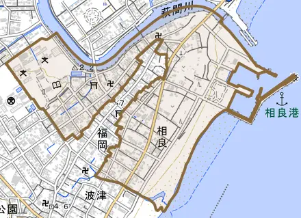 相良とその周辺の地図。町の範囲を重ねている