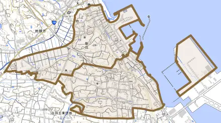 新庄とその周辺の地図。町の範囲を重ねている
