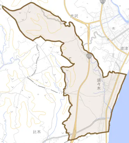 須々木とその周辺の地図。町の範囲を重ねている