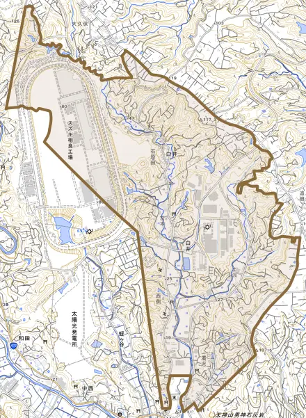 白井とその周辺の地図。町の範囲を重ねている