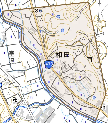 和田とその周辺の地図。町の範囲を重ねている