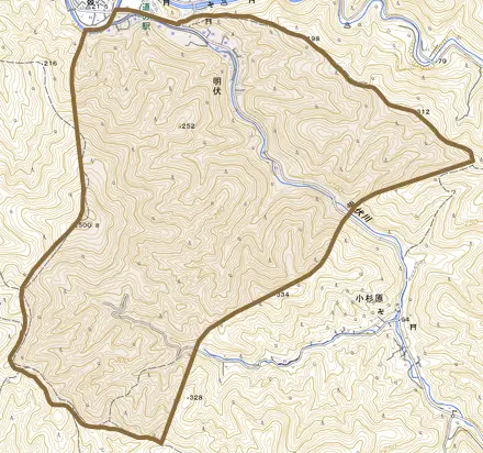 明伏とその周辺の地図。町の範囲を重ねている