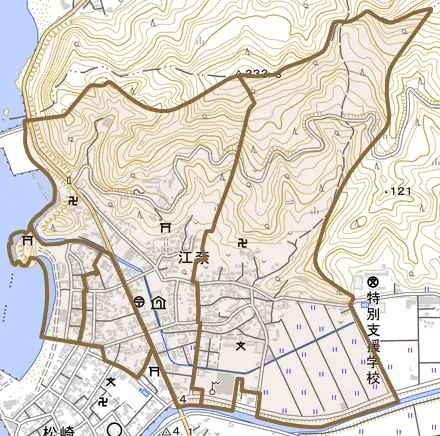 江奈とその周辺の地図。町の範囲を重ねている
