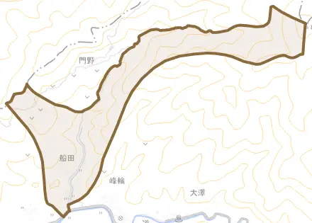 船田とその周辺の地図。町の範囲を重ねている