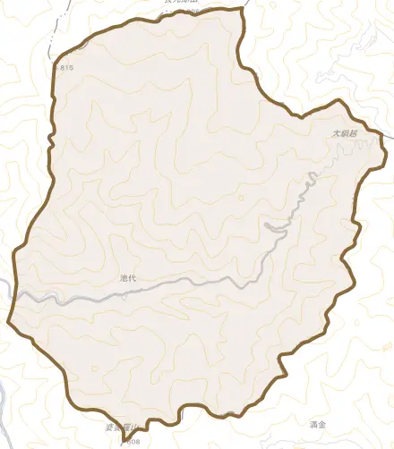 池代とその周辺の地図。町の範囲を重ねている