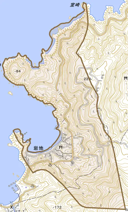 岩地とその周辺の地図。町の範囲を重ねている