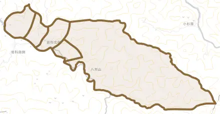 岩科北側とその周辺の地図。町の範囲を重ねている