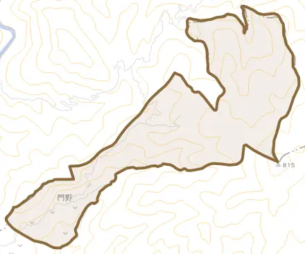 門野とその周辺の地図。町の範囲を重ねている