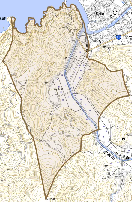 道部とその周辺の地図。町の範囲を重ねている