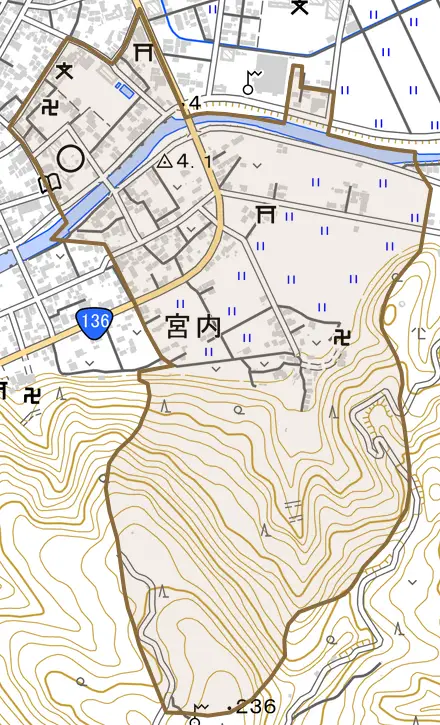 宮内とその周辺の地図。町の範囲を重ねている