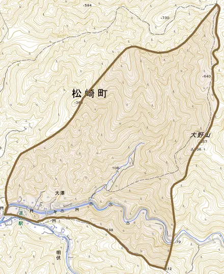大澤とその周辺の地図。町の範囲を重ねている