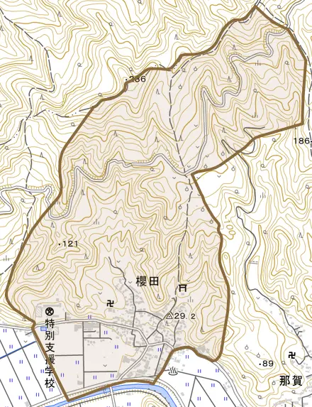 櫻田とその周辺の地図。町の範囲を重ねている