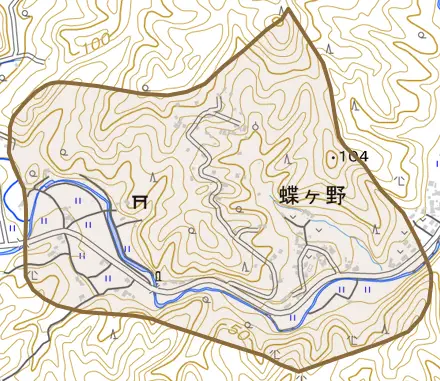 蝶ケ野とその周辺の地図。町の範囲を重ねている